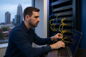 On-site IT technician working on network equipment at a Charlotte office