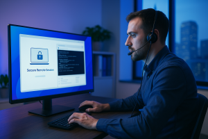 Technician providing remote IT support through secure remote session