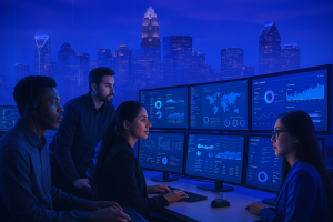 Managed IT services team in Charlotte monitoring cloud systems and security dashboards