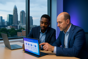 Business owner and NXT GEN consultant reviewing a strategy roadmap in a Charlotte office