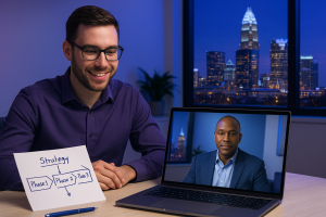 Free strategy consultation taking place over a video call with a Charlotte business