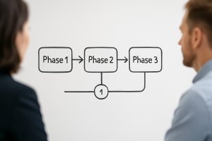 Simple three-phase roadmap drawn on a whiteboard during a strategy session